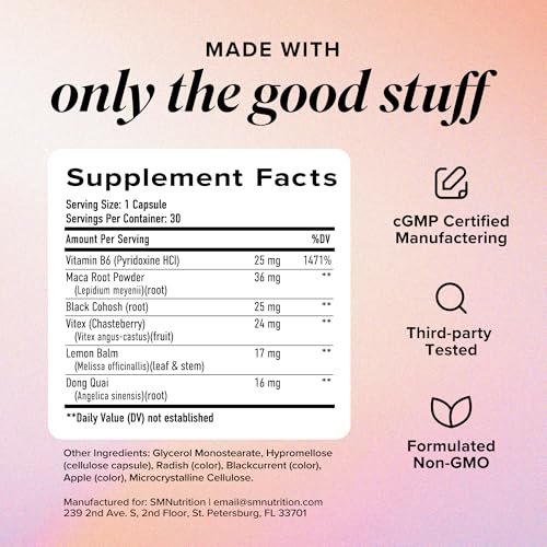 PMS-Unterstützung für Frauen mit Linderung von PMS-Symptomen | Hormonelle Akne, Hormonbalance & Periodenbeschwerden | Mönchspfeffer-Präparat mit Dong Quai, Cranberry & Vitamin B6 | Non-GMO 30 Kapseln