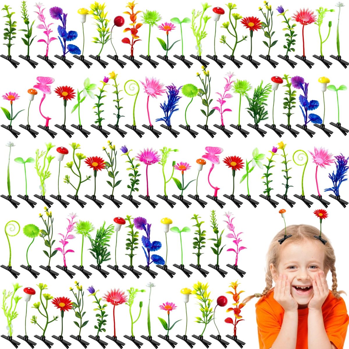 Baaxxango 120-teilige Sprossen-Haarspangen – Lustige Pflanzen-Haarnadeln, gemischte Blumen, Schmetterlinge, Pilze, Gras – Haaraccessoires für Frauen, Mädchen, Kinder, Party