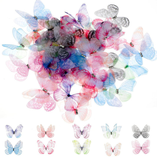 60 Stück Schmetterlinge für Bastelarbeiten, Organza-Stoff-Schmetterlingsapplikationen, bunte 3D-Spitzen-Schmetterlinge, 2-lagige Wanddekoration für DIY-Hochzeitsparty-Dekoration, Kleidungsverzierung, Heimdekoration, 10 Stile