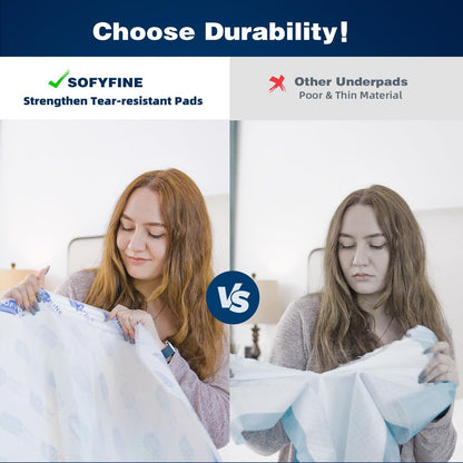 SOFYFINE Extra Große Einweg-Inkontinenzunterlagen 145 x 91 cm – Reißfest, 215 g/m², 10-fache Saugkraft, 360 Pfund Belastbarkeit, 10 Stück