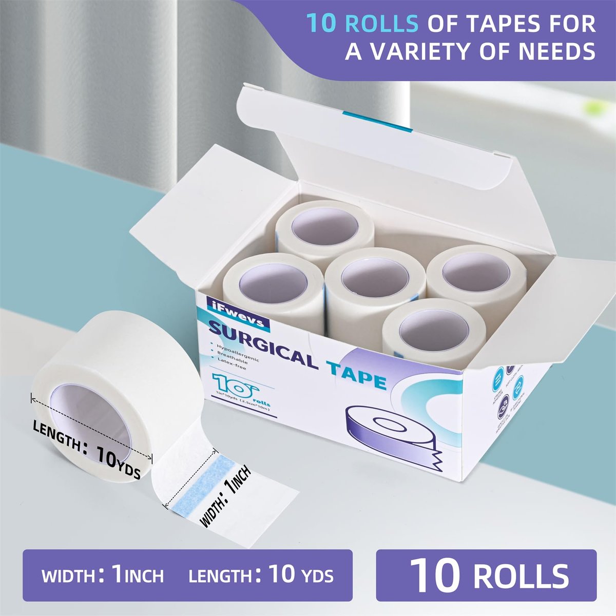 iFwevs Medizinisches Papierpflaster 10 Rollen - 1" x 10 Yards Latexfrei & Hypoallergen, Weiches Papier-Chirurgiepflaster für Haut, Wundversorgung, Erste-Hilfe-Tape
