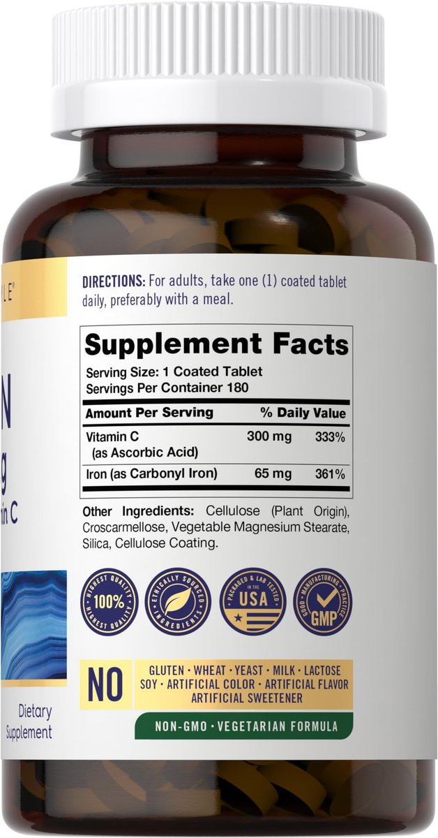 Carlyle Eisen 65 mg mit Vitamin C | 180 Tabletten | 300 mg Vitamin C | Vegetarisch, Nicht-GVO und Glutenfrei