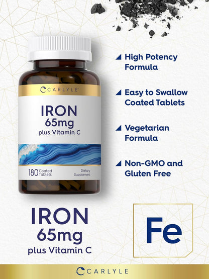 Carlyle Eisen 65 mg mit Vitamin C | 180 Tabletten | 300 mg Vitamin C | Vegetarisch, Nicht-GVO und Glutenfrei
