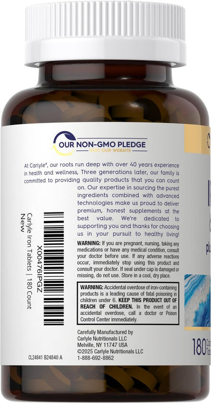 Carlyle Eisen 65 mg mit Vitamin C | 180 Tabletten | 300 mg Vitamin C | Vegetarisch, Nicht-GVO und Glutenfrei