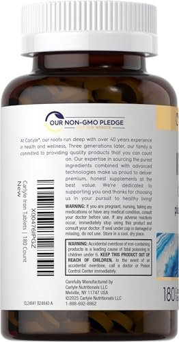 Carlyle Eisen 65 mg mit Vitamin C | 180 Tabletten | 300 mg Vitamin C | Vegetarisch, Nicht-GVO und Glutenfrei