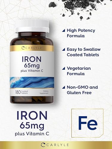 Carlyle Eisen 65 mg mit Vitamin C | 180 Tabletten | 300 mg Vitamin C | Vegetarisch, Nicht-GVO und Glutenfrei
