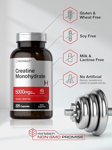 Horbäach Creatin Monohydrat | 5g | 225 Kapseln | Non-GMO, Glutenfrei