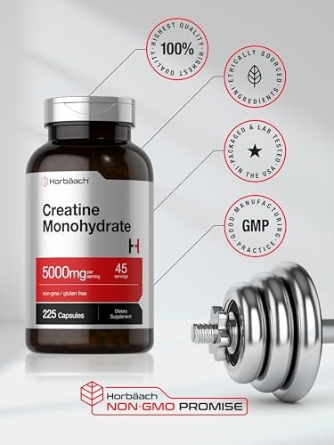 Horbäach Creatin Monohydrat | 5g | 225 Kapseln | Non-GMO, Glutenfrei