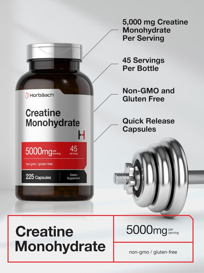 Horbäach Creatin Monohydrat | 5g | 225 Kapseln | Non-GMO, Glutenfrei