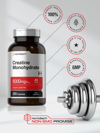 Horbäach Creatin Monohydrat | 5g | 225 Kapseln | Non-GMO, Glutenfrei