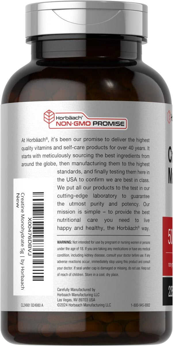 Horbäach Creatin Monohydrat | 5g | 225 Kapseln | Non-GMO, Glutenfrei