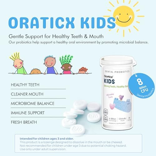 OraTicx Kinder Zahnprobiotika für starke Zähne und gesundes Lächeln - 8 Milliarden KBE probiotische Kulturen für die Mundgesundheit, Joghurtgeschmack (1er-Pack)