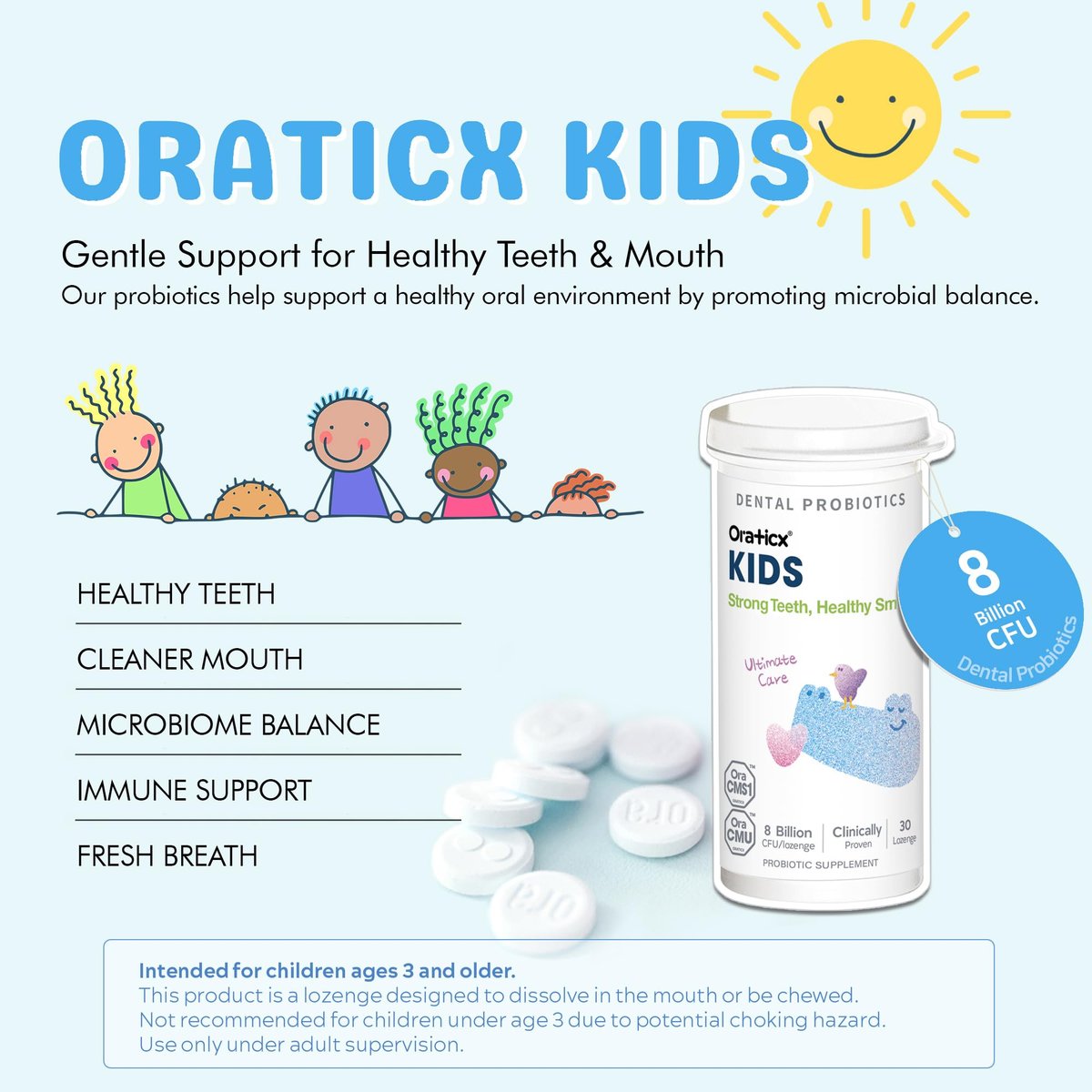 OraTicx Kinder Zahnprobiotika für starke Zähne und gesundes Lächeln - 8 Milliarden KBE probiotische Kulturen für die Mundgesundheit, Joghurtgeschmack (1er-Pack)
