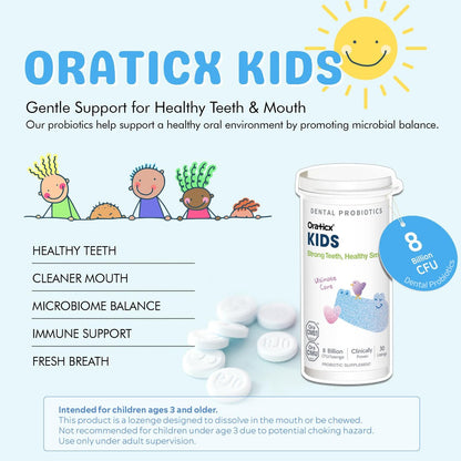 OraTicx Kinder Zahnprobiotika für starke Zähne und gesundes Lächeln - 8 Milliarden KBE probiotische Kulturen für die Mundgesundheit, Joghurtgeschmack (1er-Pack)