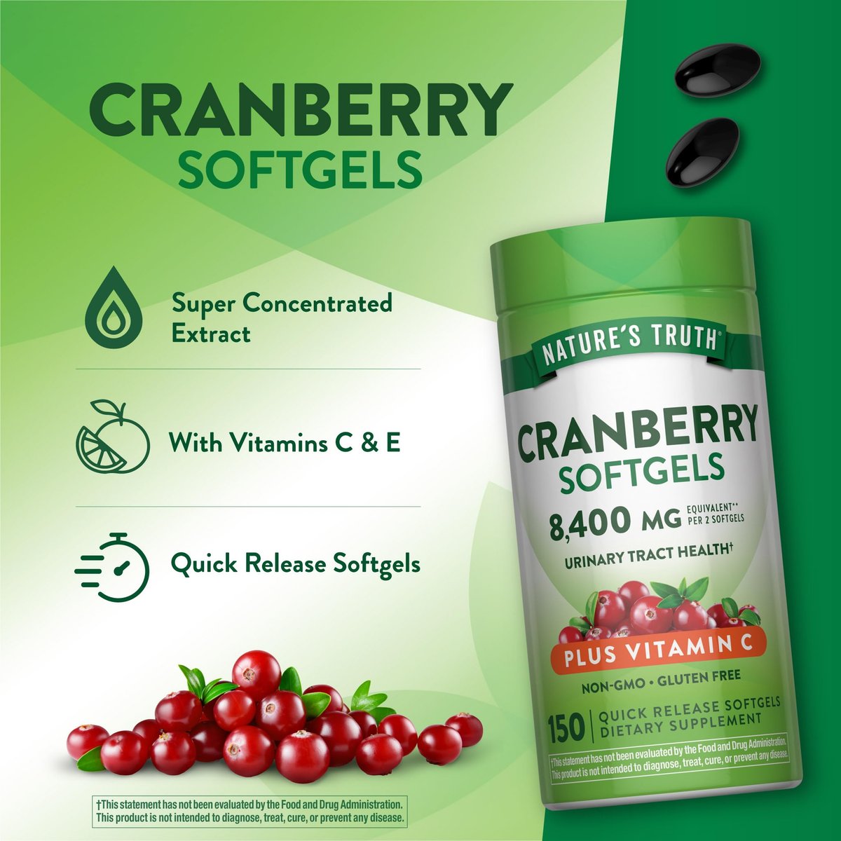 Nature's Truth Cranberry Kapseln mit Vitamin C | 150 Softgels | Unterstützung der Harnwegsgesundheit | Nicht-GVO & Glutenfrei