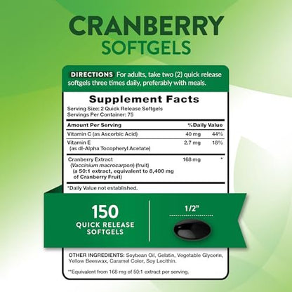 Nature's Truth Cranberry Kapseln mit Vitamin C | 150 Softgels | Unterstützung der Harnwegsgesundheit | Nicht-GVO & Glutenfrei