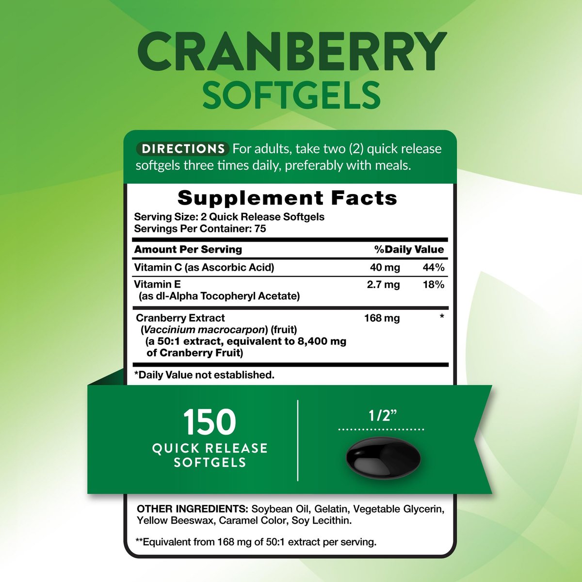 Nature's Truth Cranberry Kapseln mit Vitamin C | 150 Softgels | Unterstützung der Harnwegsgesundheit | Nicht-GVO & Glutenfrei