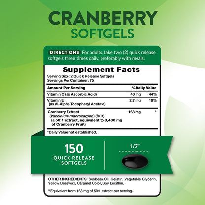 Nature's Truth Cranberry Kapseln mit Vitamin C | 150 Softgels | Unterstützung der Harnwegsgesundheit | Nicht-GVO & Glutenfrei