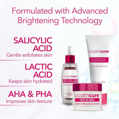 Cicatricure Antimanchas Hautpflege-Set: AHA & PHA Reinigungsgel, Aufhellendes Serum & Feuchtigkeitscreme – Reduziert dunkle Flecken, für strahlende Haut, ohne Parabene & Sulfate