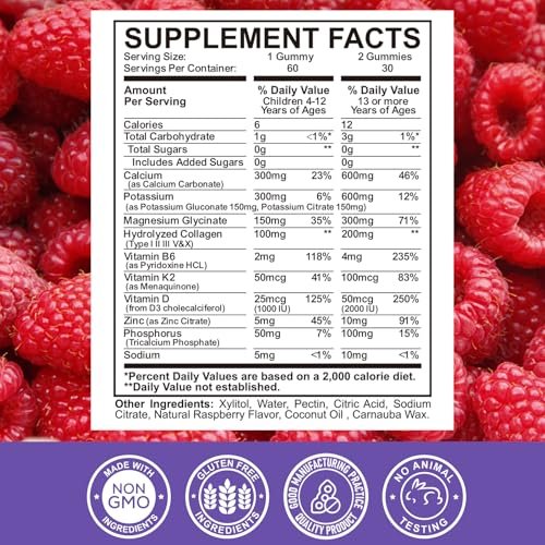 Calcium-Kalium-Magnesium-Gummis für Kinder & Erwachsene mit hydrolysiertem Kollagen, Zink, Phosphor, Multivitamin für Schlaf, Knochenstärke und -dichte, zuckerfrei, Himbeere 60 Gummis