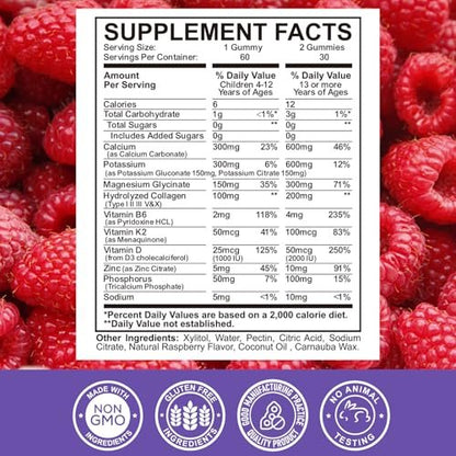 Calcium-Kalium-Magnesium-Gummis für Kinder & Erwachsene mit hydrolysiertem Kollagen, Zink, Phosphor, Multivitamin für Schlaf, Knochenstärke und -dichte, zuckerfrei, Himbeere 60 Gummis