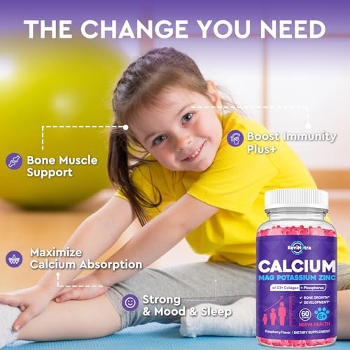 Calcium-Kalium-Magnesium-Gummis für Kinder & Erwachsene mit hydrolysiertem Kollagen, Zink, Phosphor, Multivitamin für Schlaf, Knochenstärke und -dichte, zuckerfrei, Himbeere 60 Gummis