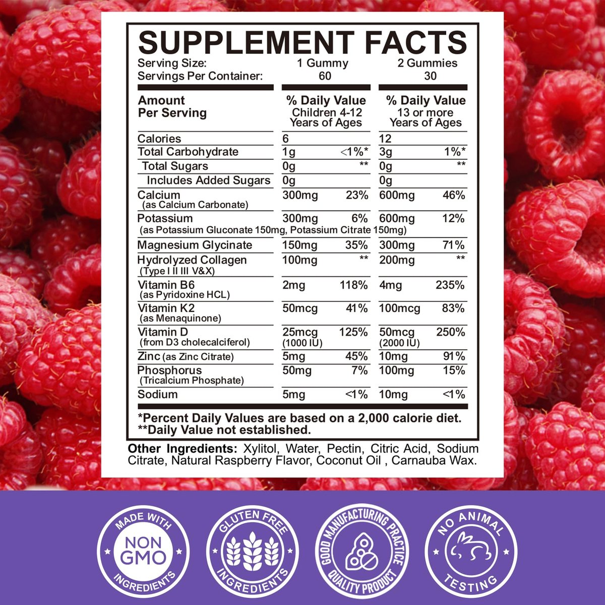 Calcium-Kalium-Magnesium-Gummis für Kinder & Erwachsene mit hydrolysiertem Kollagen, Zink, Phosphor, Multivitamin für Schlaf, Knochenstärke und -dichte, zuckerfrei, Himbeere 60 Gummis