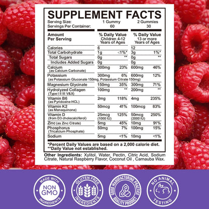 Calcium-Kalium-Magnesium-Gummis für Kinder & Erwachsene mit hydrolysiertem Kollagen, Zink, Phosphor, Multivitamin für Schlaf, Knochenstärke und -dichte, zuckerfrei, Himbeere 60 Gummis