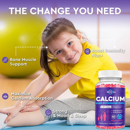 Calcium-Kalium-Magnesium-Gummis für Kinder & Erwachsene mit hydrolysiertem Kollagen, Zink, Phosphor, Multivitamin für Schlaf, Knochenstärke und -dichte, zuckerfrei, Himbeere 60 Gummis