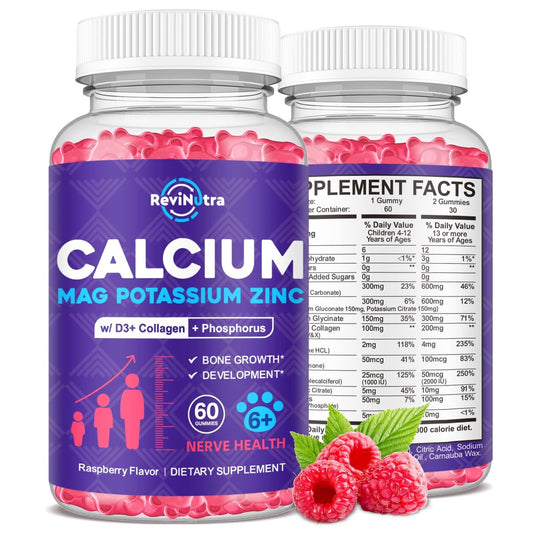 Calcium-Kalium-Magnesium-Gummis für Kinder & Erwachsene mit hydrolysiertem Kollagen, Zink, Phosphor, Multivitamin für Schlaf, Knochenstärke und -dichte, zuckerfrei, Himbeere 60 Gummis