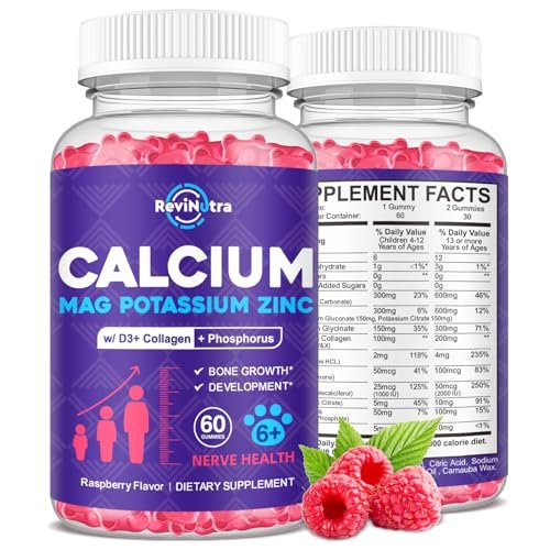 Calcium-Kalium-Magnesium-Gummis für Kinder & Erwachsene mit hydrolysiertem Kollagen, Zink, Phosphor, Multivitamin für Schlaf, Knochenstärke und -dichte, zuckerfrei, Himbeere 60 Gummis