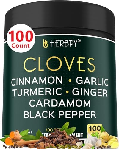 Herbpy 7in1 Nelkenpräparat 500mg – Reich an Vitaminen & Mineralstoffen, Unterstützt Verdauung, Immun- & Herzgesundheit mit Zimt, Kurkuma, Ingwer, Kardamom, Knoblauch & Schwarzem Pfeffer – 100 vegane Kapseln