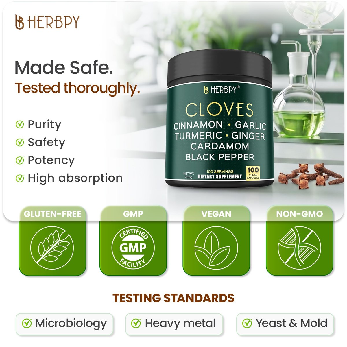 Herbpy 7in1 Nelkenpräparat 500mg – Reich an Vitaminen & Mineralstoffen, Unterstützt Verdauung, Immun- & Herzgesundheit mit Zimt, Kurkuma, Ingwer, Kardamom, Knoblauch & Schwarzem Pfeffer – 100 vegane Kapseln