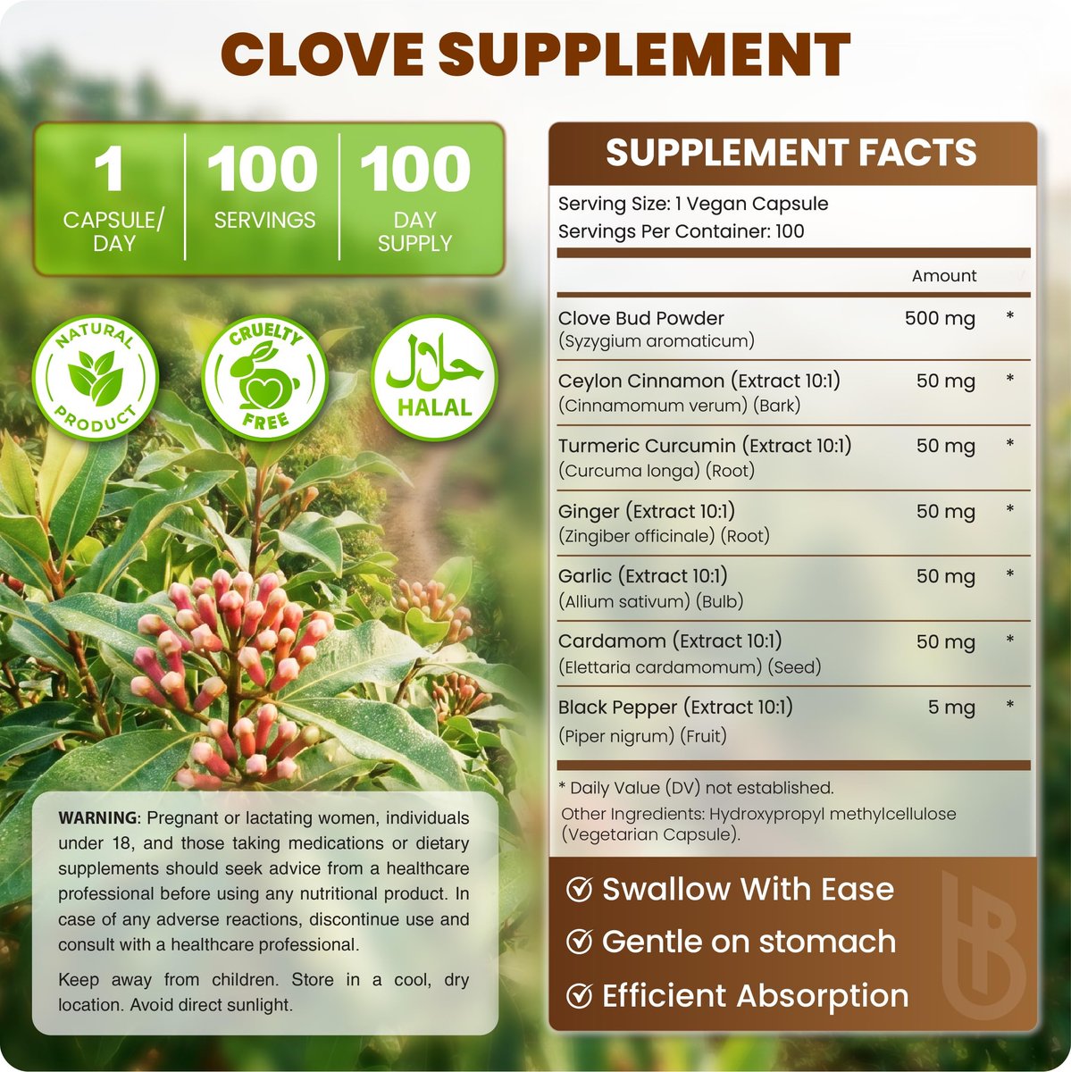 Herbpy 7in1 Nelkenpräparat 500mg – Reich an Vitaminen & Mineralstoffen, Unterstützt Verdauung, Immun- & Herzgesundheit mit Zimt, Kurkuma, Ingwer, Kardamom, Knoblauch & Schwarzem Pfeffer – 100 vegane Kapseln