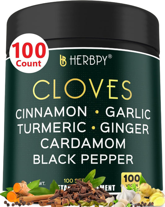 Herbpy 7in1 Nelkenpräparat 500mg – Reich an Vitaminen & Mineralstoffen, Unterstützt Verdauung, Immun- & Herzgesundheit mit Zimt, Kurkuma, Ingwer, Kardamom, Knoblauch & Schwarzem Pfeffer – 100 vegane Kapseln