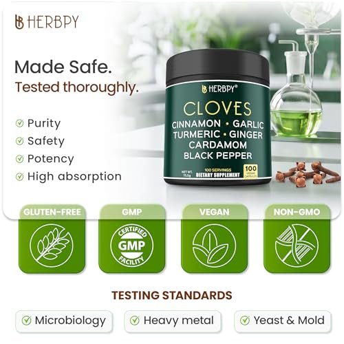 Herbpy 7in1 Nelkenpräparat 500mg – Reich an Vitaminen & Mineralstoffen, Unterstützt Verdauung, Immun- & Herzgesundheit mit Zimt, Kurkuma, Ingwer, Kardamom, Knoblauch & Schwarzem Pfeffer – 100 vegane Kapseln