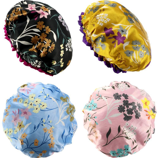 4er-Pack wiederverwendbare wasserdichte Duschhaube mit PEVA-Beschichtung, doppellagig, elastisch, Satin, große Duschhauben, waschbar für Frauen mit langen Haaren, alle Haarlängen