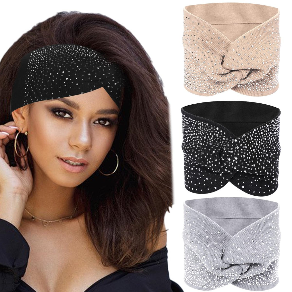 Sliverdew Funkelnde Kopfwickel für Schwarze Frauen, 3 Stück Kristall Breite Stirnbänder Glitzernde Kopftücher Turban Stretchige Haarbänder Afrikanische Elastische Haaraccessoires