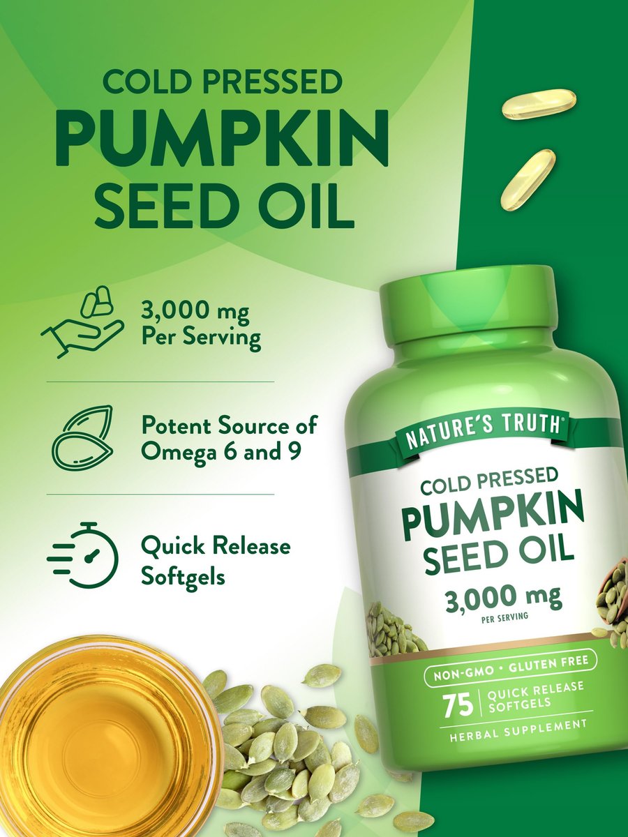 Nature's Truth Kürbiskernöl | 3000 mg | 75 Softgels | Kaltgepresstes pflanzliches Nahrungsergänzungsmittel | Non-GMO & Glutenfrei