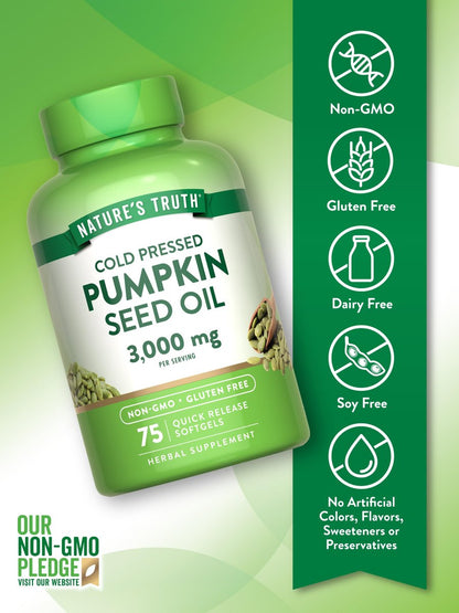 Nature's Truth Kürbiskernöl | 3000 mg | 75 Softgels | Kaltgepresstes pflanzliches Nahrungsergänzungsmittel | Non-GMO & Glutenfrei