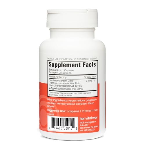 her vital way Cranberex – Cranberry Kapseln für Frauen und Männer – Cranberry Supplement mit 36 mg PAC – Cranberry-Extrakt Kapseln für Harnwegsgesundheit und Nierenpflege – 30 vegane Kapseln
