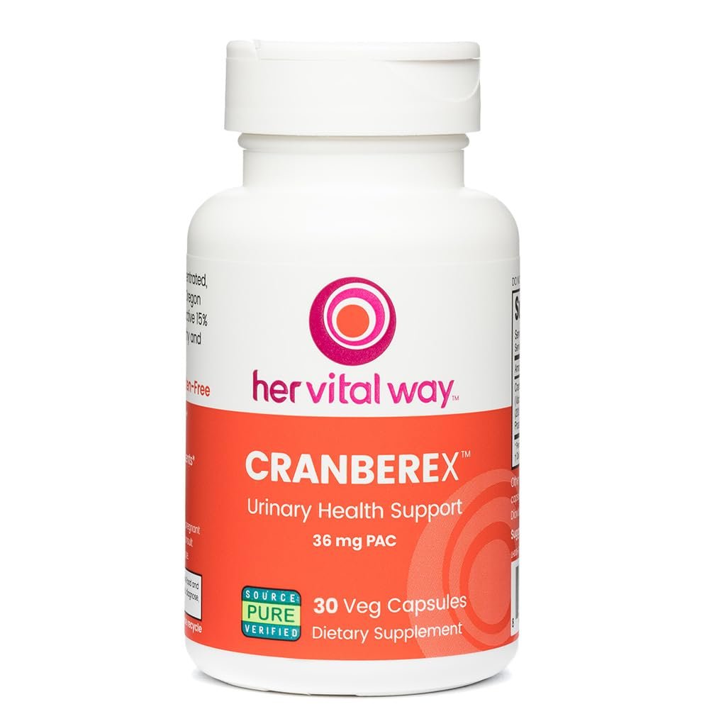 her vital way Cranberex – Cranberry Kapseln für Frauen und Männer – Cranberry Supplement mit 36 mg PAC – Cranberry-Extrakt Kapseln für Harnwegsgesundheit und Nierenpflege – 30 vegane Kapseln