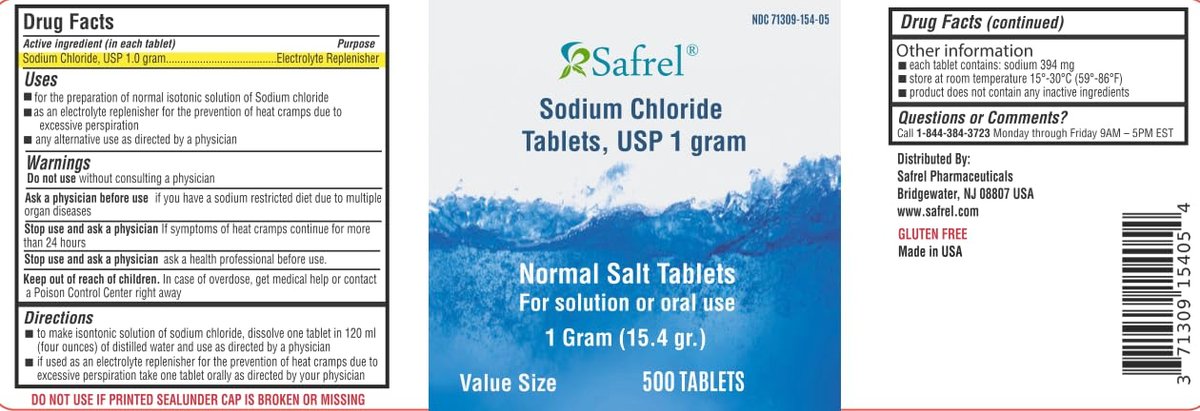 Safrel Natriumchlorid Tabletten 1 g, USP | Normale Salztabletten | (15,4 g) | Elektrolyt-Ausgleich, Hydrationsgetränk (500 Stück, Packung mit 1)
