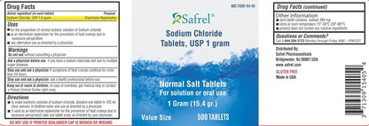 Safrel Natriumchlorid Tabletten 1 g, USP | Normale Salztabletten | (15,4 g) | Elektrolyt-Ausgleich, Hydrationsgetränk (500 Stück, Packung mit 1)