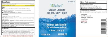 Safrel Natriumchlorid Tabletten 1 g, USP | Normale Salztabletten | (15,4 g) | Elektrolyt-Ausgleich, Hydrationsgetränk (500 Stück, Packung mit 1)