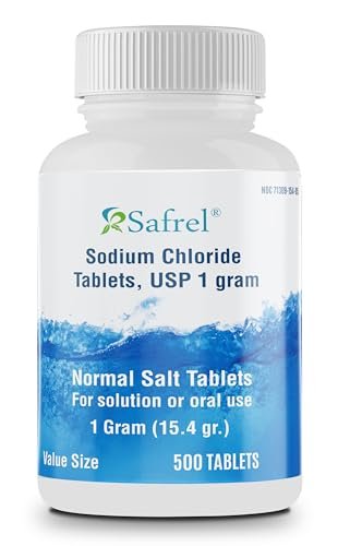 Safrel Natriumchlorid Tabletten 1 g, USP | Normale Salztabletten | (15,4 g) | Elektrolyt-Ausgleich, Hydrationsgetränk (500 Stück, Packung mit 1)