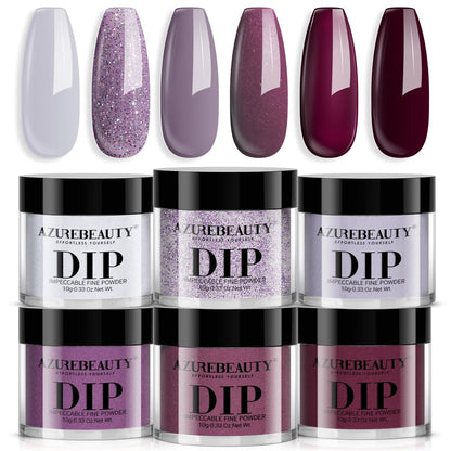 AZUREBEAUTY Dip Powder Nail Set, 6 Farben Lila Rose Rot Glitzer, Dipping Powder Starter Kit für French Nail Art Maniküre DIY Salon, Keine UV/LED-Lampe erforderlich