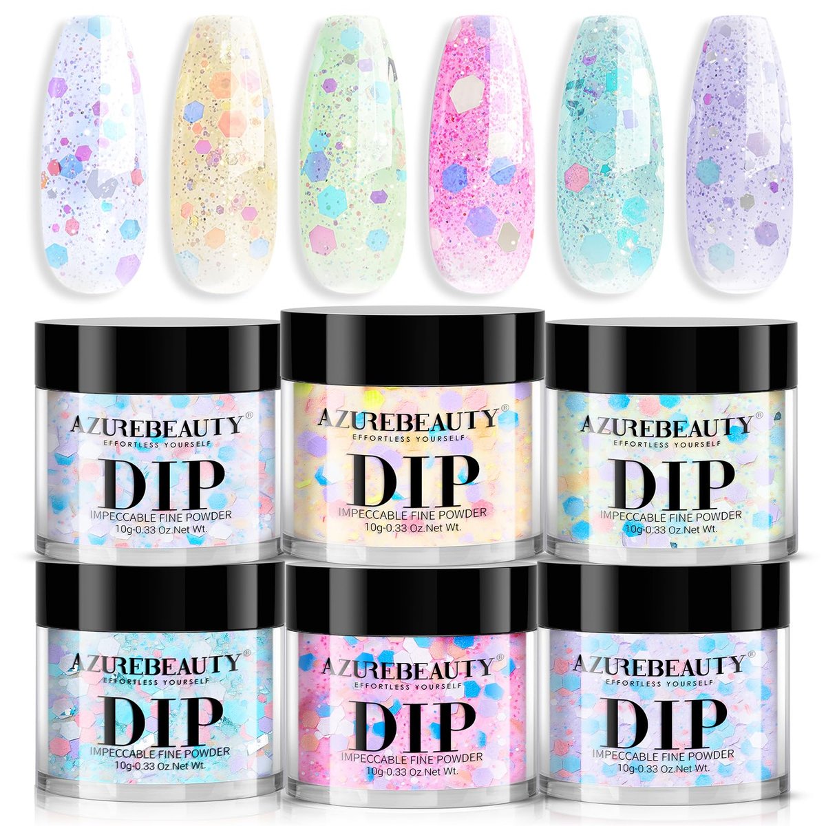 AZUREBEAUTY Dip Powder Nagelset – 6 Farben Frühlings-Pink, Lila, Grün, Glitzer-Käsefarben – Natürliches Dipping-Pulver Starter-Kit für French Nail Art Maniküre DIY Salon – Keine UV-Lampe nötig