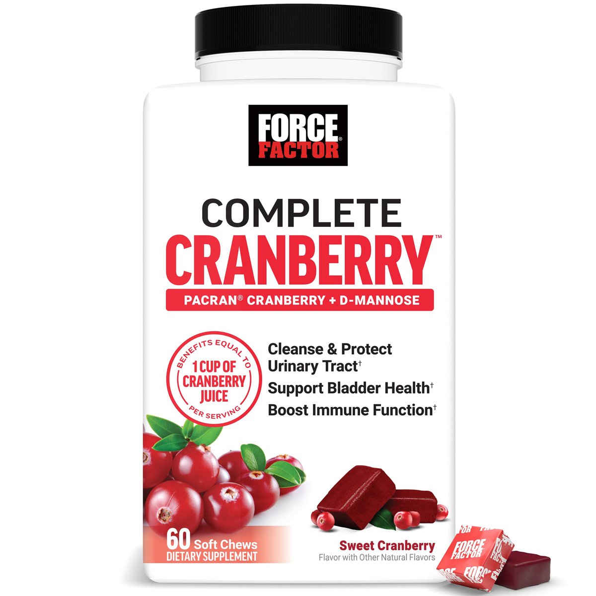 Force Factor Cranberry Soft Chews – Cranberry-Supplement mit D-Mannose und Cranberry-Extrakt für Blasen- und Harnwegsgesundheit bei Frauen, vegan, süßer Cranberry-Geschmack, 60 Soft Chews