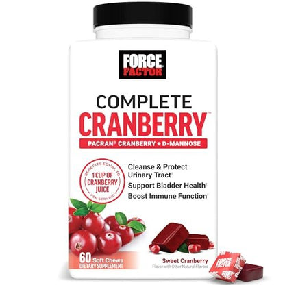 Force Factor Cranberry Soft Chews – Cranberry-Supplement mit D-Mannose und Cranberry-Extrakt für Blasen- und Harnwegsgesundheit bei Frauen, vegan, süßer Cranberry-Geschmack, 60 Soft Chews